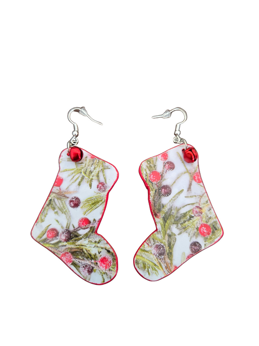 Festive Stocking Earrings – Christmas Charm with Pine, Berries, and Jingle Bells