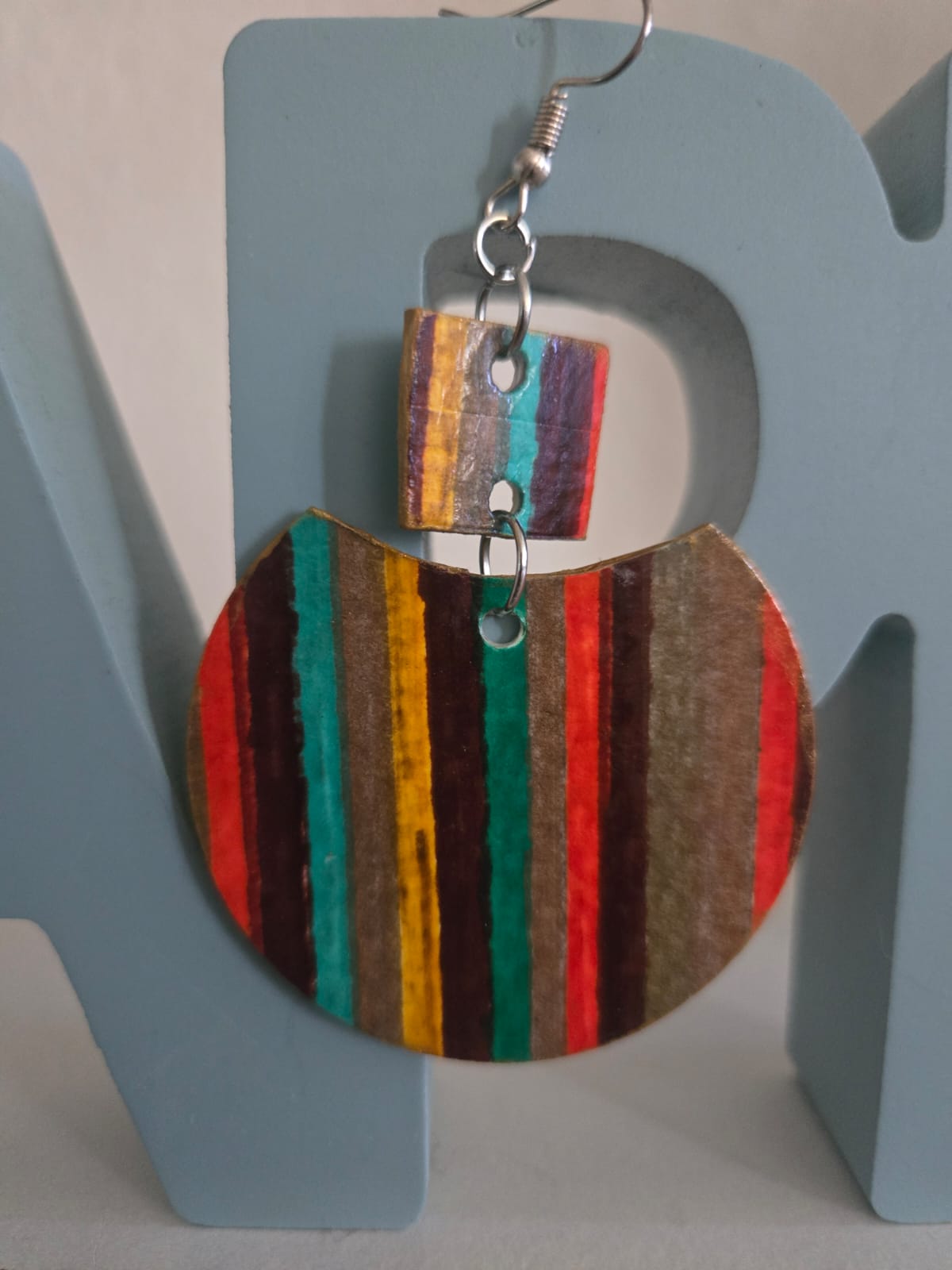 Handcrafted Multicolor Striped Wooden Earrings