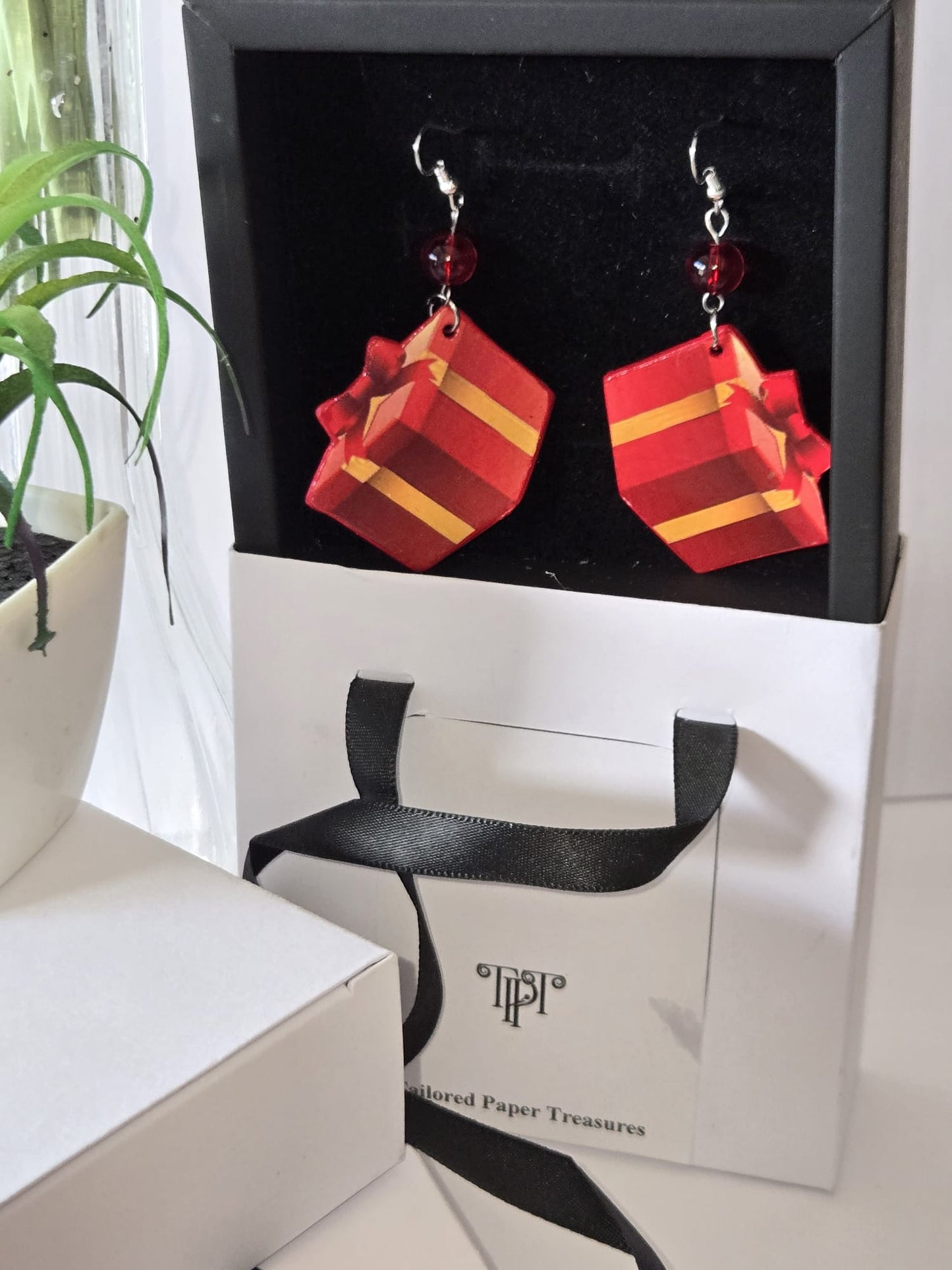 Red & Gold Gift Box Earrings - Handmade Jewelry