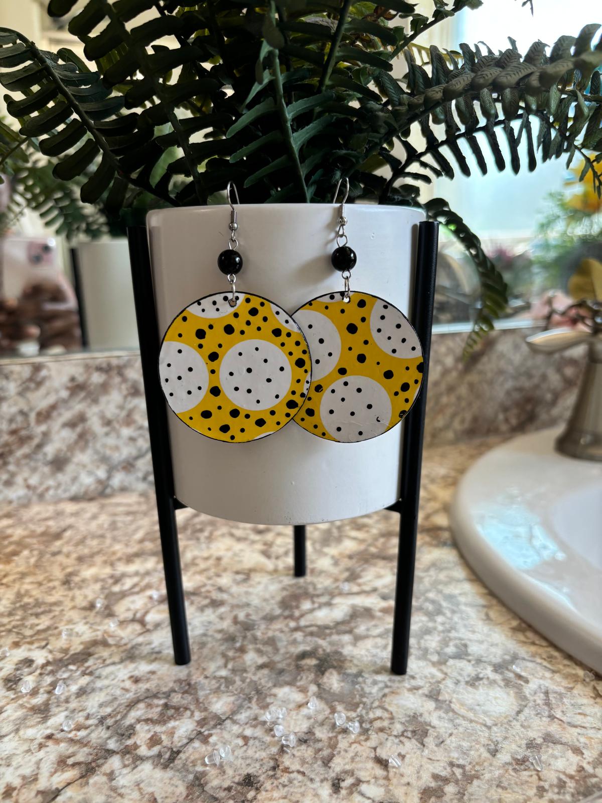 Yellow and White Star and Polka Dot Patterned Round Earrings