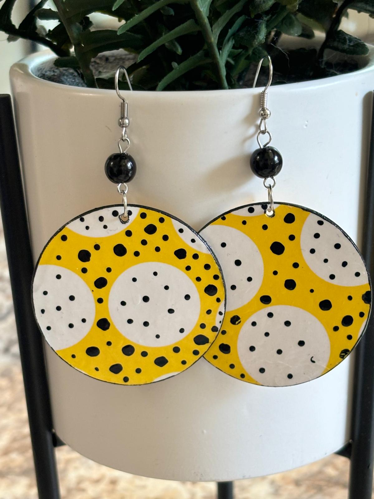 Yellow and White Star and Polka Dot Patterned Round Earrings