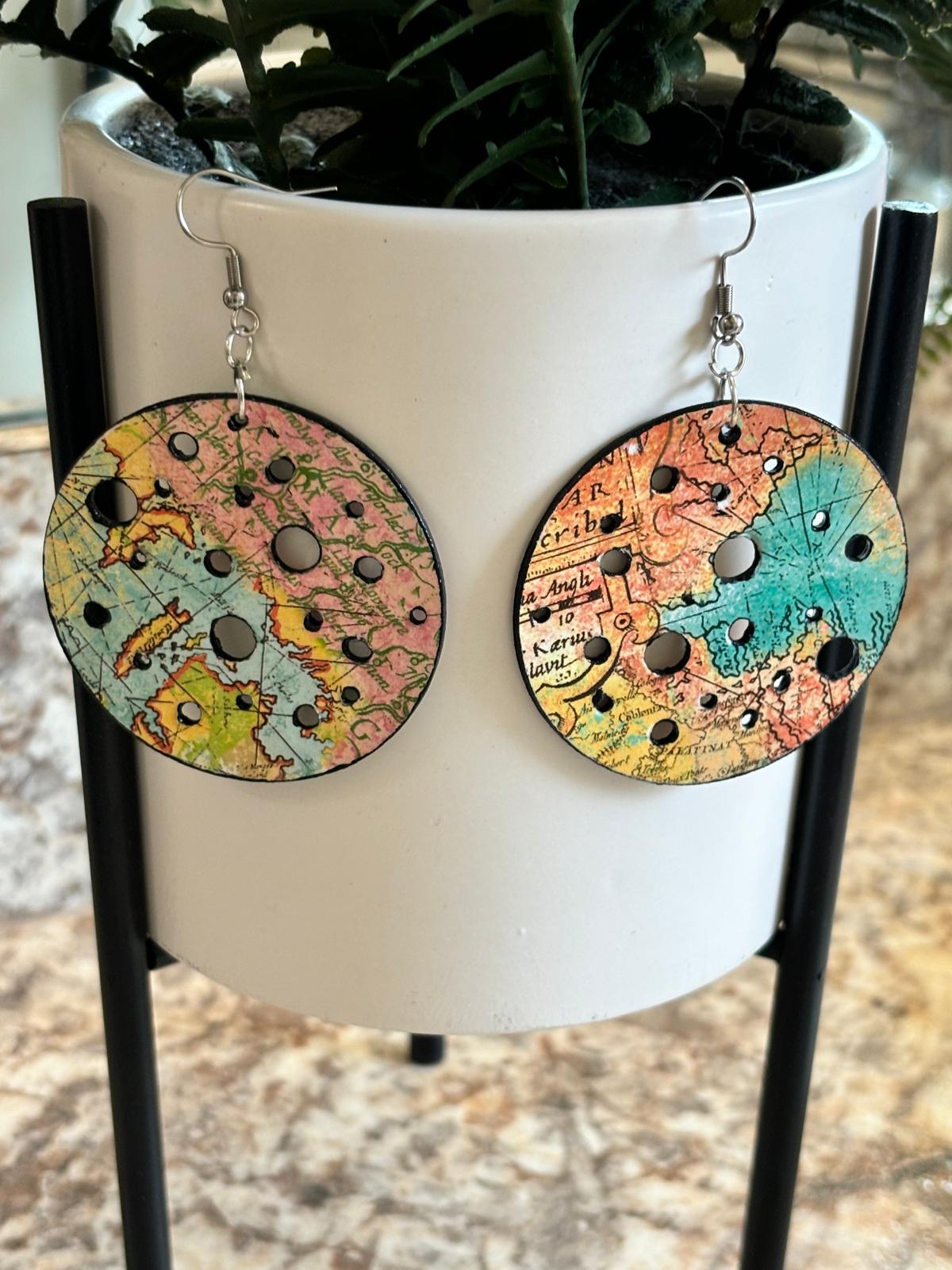 Vintage Swiss Map Patterned Circular Earrings with Cut-Out Design