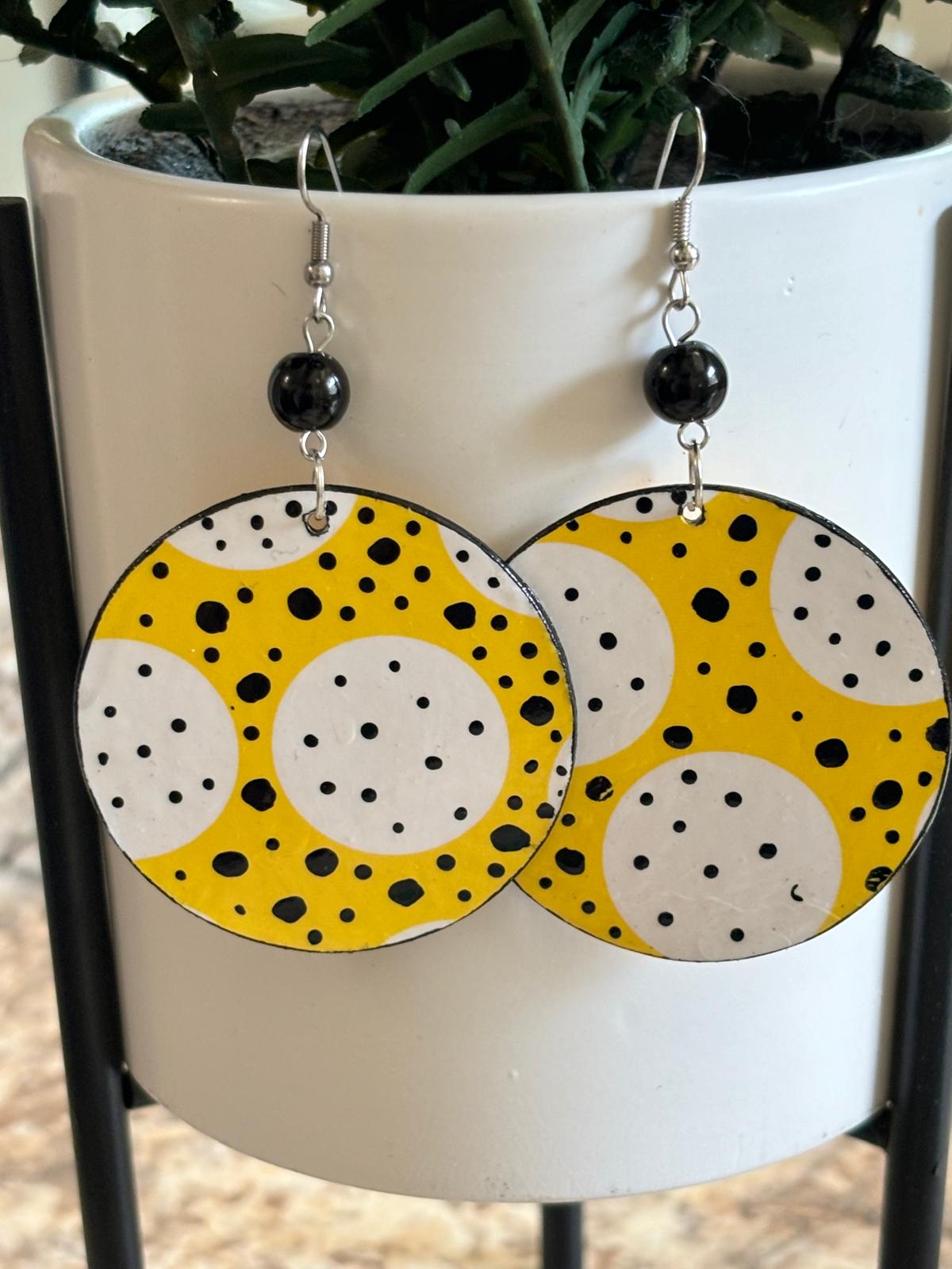 Yellow and White Star and Polka Dot Patterned Round Earrings