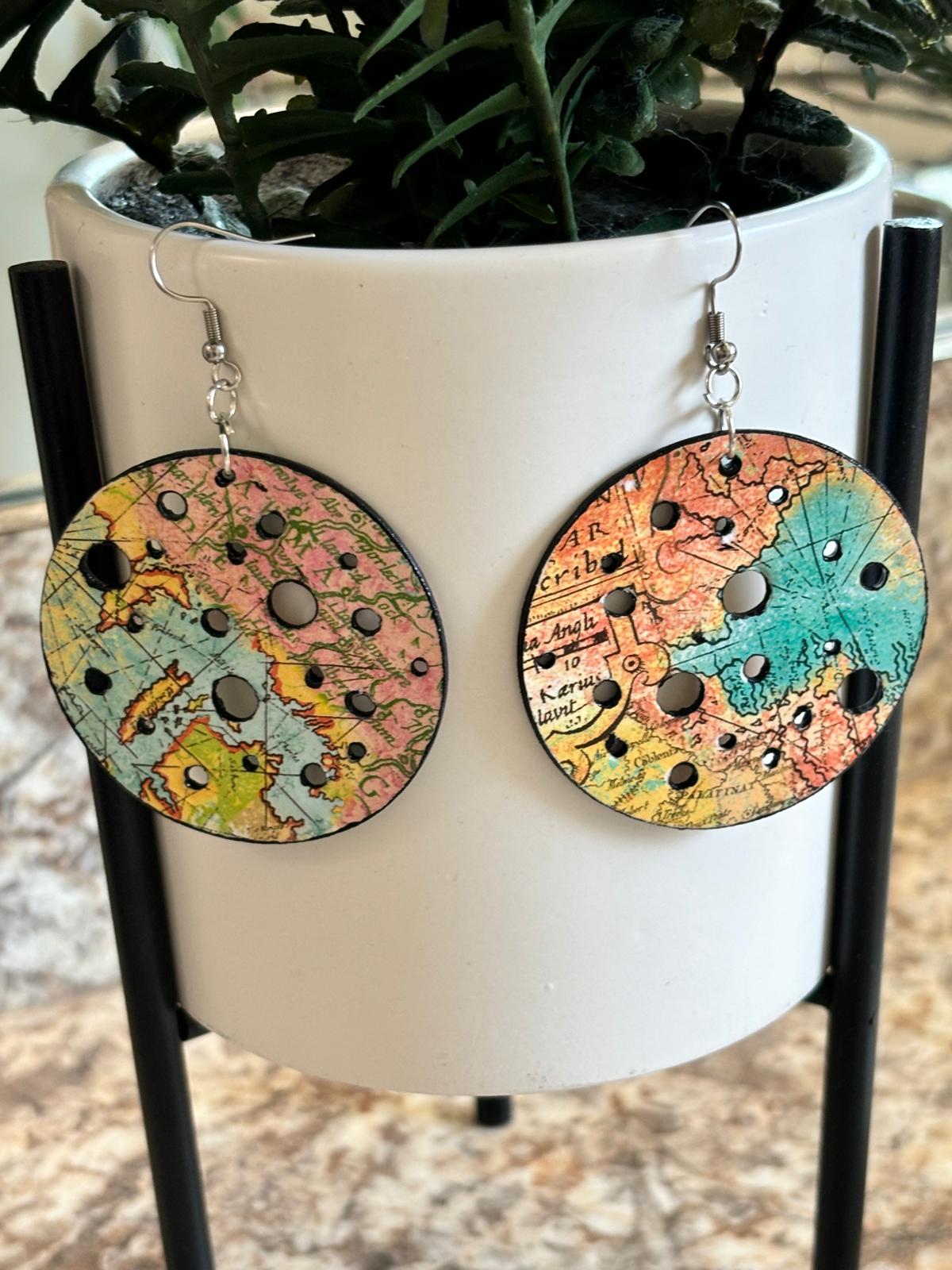 Vintage Swiss Map Patterned Circular Earrings with Cut-Out Design